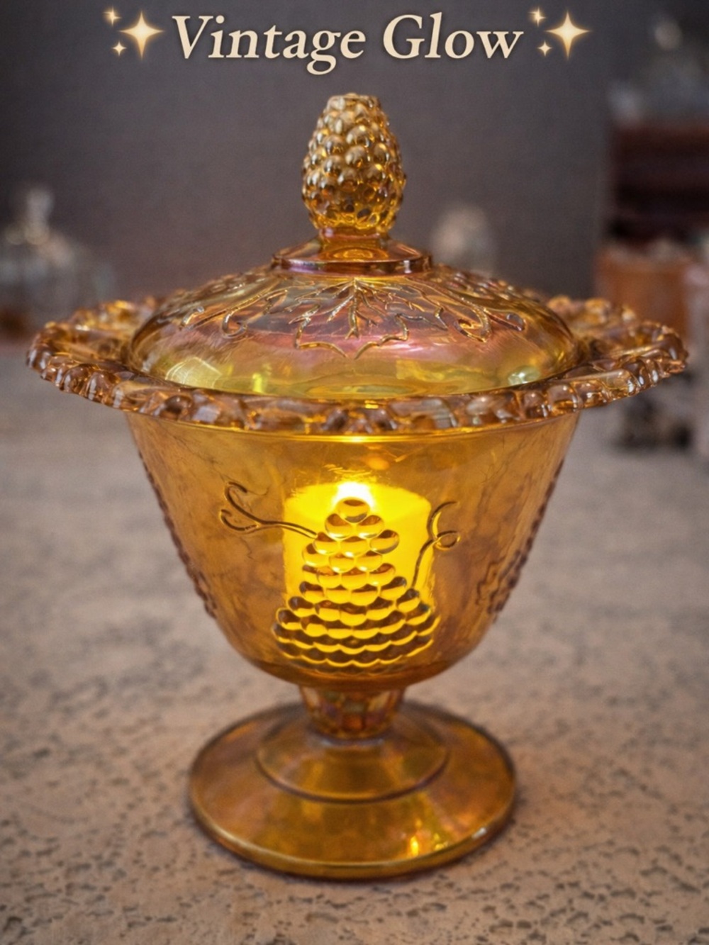 Vintage Carnival Glass Fairy Lamp Amber Grape Pedestal Cottagecore Glow